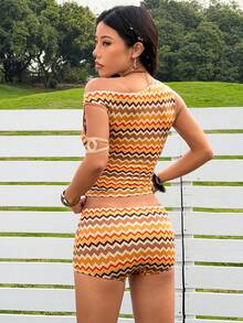 SHEIN EZwear New Summer Music Festival 2pcs/Set Knitted Women Tank Top & Shorts - Orange - View 2