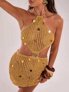 SHEIN BAE Vestido Casual com Paetês Sem Costas para Férias na Praia para Mulheres - Dourado - Visão 11
