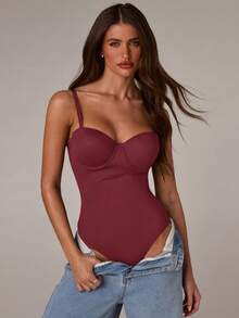 SHEIN BAE Fashionable & Elegant Bodysuit With Cup Design - Burgundy - View 1