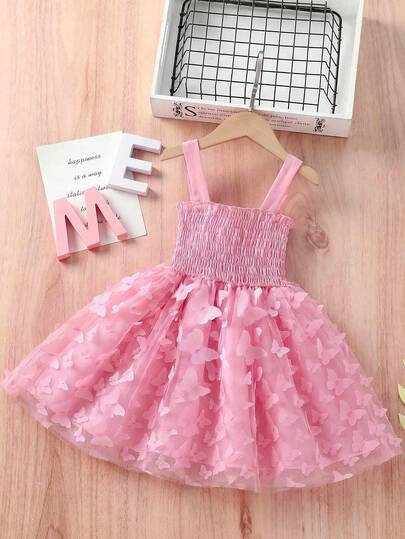 Vestido de verano elegante para niña con decoración de mariposas 3D y parches de malla