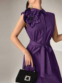 Heiryn Women's Elegant Solid Color 3D Floral Waist Sleeveless Dress ,Summer Dress,Spring Dresses For Women - Purple - View 1