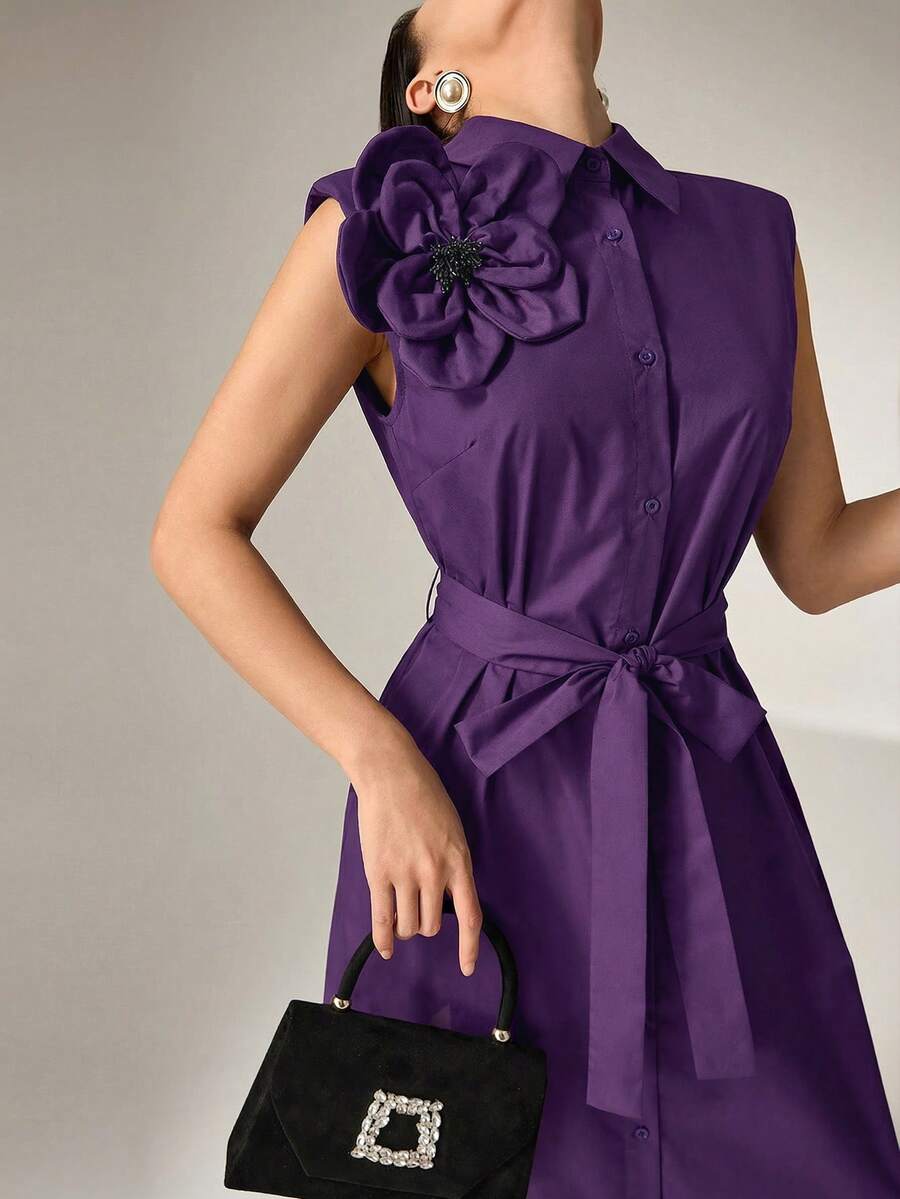 Heiryn Women's Elegant Solid Color 3D Floral Waist Sleeveless Dress ,Summer Dress,Spring Dresses For Women - Purple - View 1
