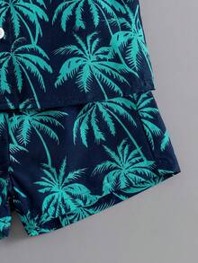 SHEIN 2件套幼儿男童度假绿色热带植物图案短袖衬衫+松紧腰短裤套装，童装。幼儿服装，幼儿衬衫，幼儿短裤，婴儿套装，6个月-3岁 - 黑色 - 查看 4