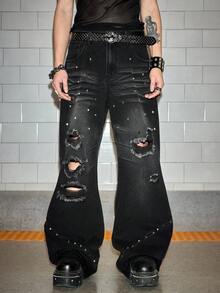 ROMWE MEN Goth 男士休闲直筒破洞铆钉牛仔裤，街头时尚 - 黑色 - 查看 4