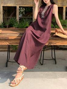 DAZY Đầm không tay thêu ren, viền bèo nhún, thích hợp cho kỳ nghỉ của nữ - Màu tím - Xem 7