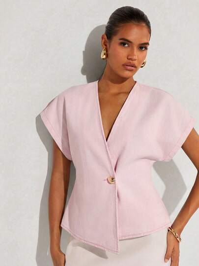 COSMINA Women's V-Neck Drop Shoulder Denim Blouse With Asymmetrical Hem And Metal Button Design, Pink Denim Top, Summer Casual/Commuter Wear