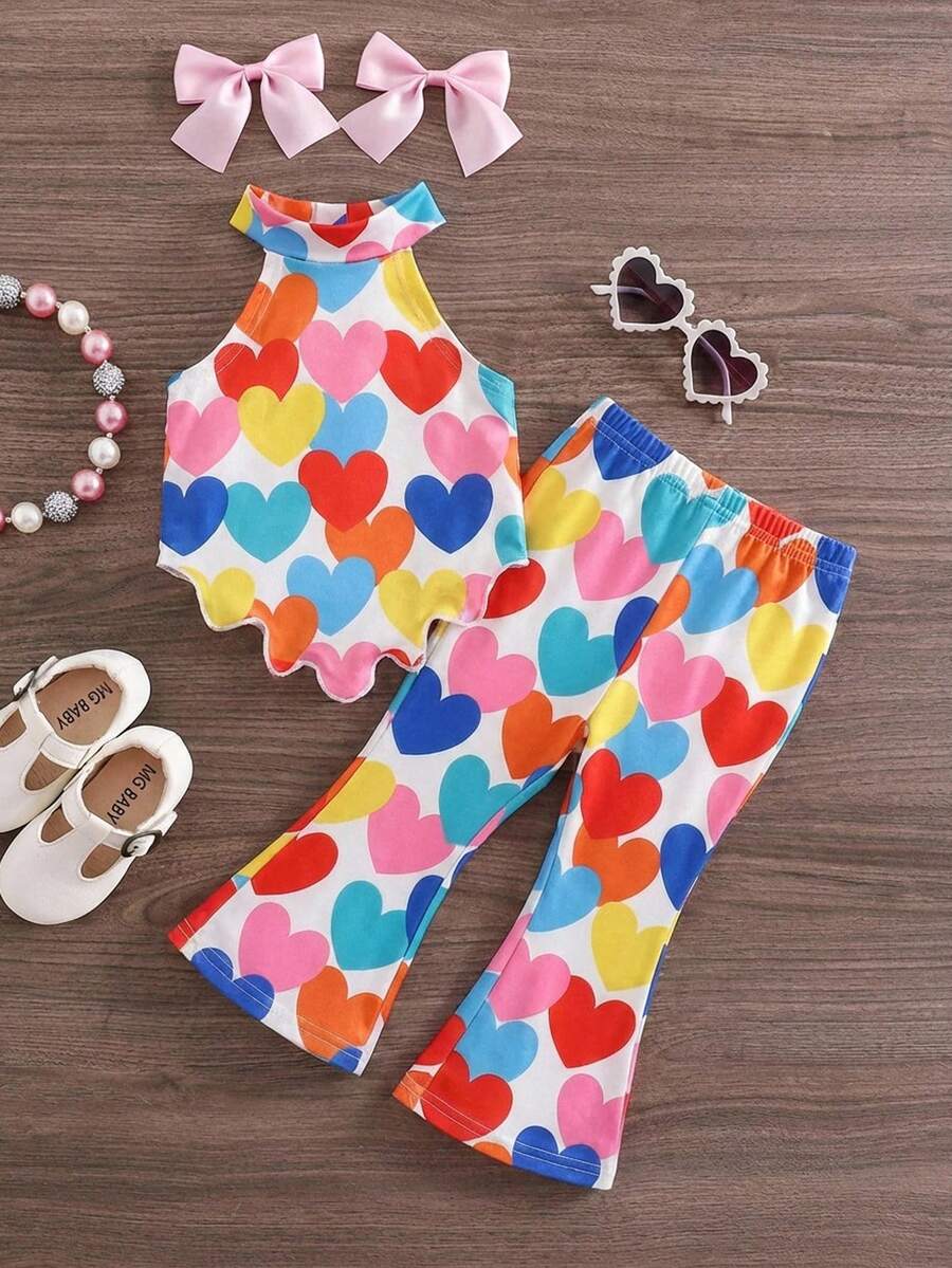 SHEIN Baby Girl Heart Print Asymmetric Hem Halter Top And Flare Pants Set - Multicolor - View 1