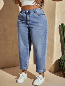 Slaydiva Plus Size Solid Color Slant Pocket Casual Versatile Jeans - Light Wash - View 4