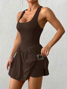 SHEIN EZwear 纯色宽肩带运动连衣裙配短裤泳装女装棕色吊带裙棕色连体裤女式棕色夏季连衣裙棕色性感连衣裙棕色连体裤连衣裙棕色连衣裙女式棕色连体裤棕色沙滩裙女式连衣裙棕色网球裙女装连衣裙女式连体裤夏季女式连体裤 - 巧克力棕 - 查看 6