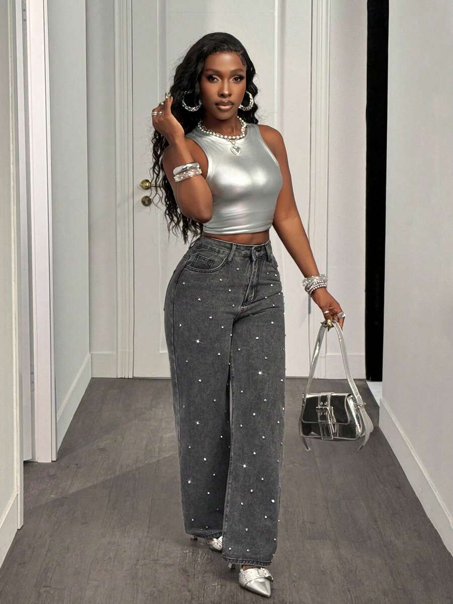 Slaydiva Women's Rhinestone-Embellished Gray Slant Pocket Casual Jeans - Grey - View 1