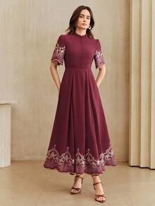 Anewsta 女士酒红色碎花短袖连衣裙 - 酒紅色 - 查看 6