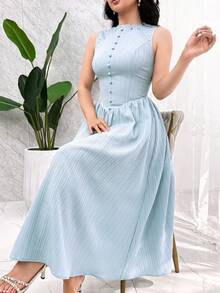 Modelyn Vestido sin mangas de unicolor y estilo minimalista para mujer, uso casual diario - Azul - Ver 4