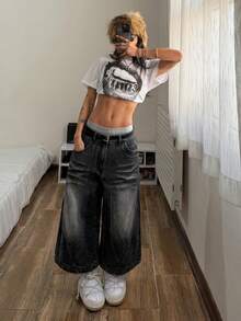 StreetHx 女士纯色斜插口袋休闲百搭阔腿牛仔裤 - 深灰色 - 查看 6