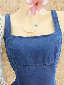 SHEIN MOD Đầm denim không tay dáng suông, thắt eo, thích hợp cho nữ mùa hè. - Màu xanh lam - Xem 3