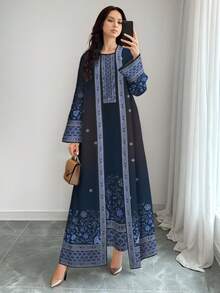 SHEIN Najma 女士复古花卉植物印花蓝色长袖休闲阿拉伯风格套装，春秋季 - 彩色 - 查看 3