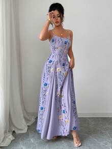 Elenzga Đầm dài hai dây in hoa dành cho nữ, kiểu dáng nghỉ hè. - Màu tím - Xem 5