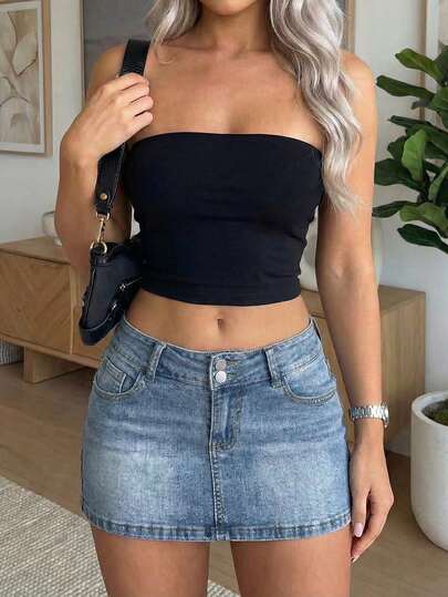 SHEIN ICON Women's Pocket Decor Casual Denim Pencil Skirt