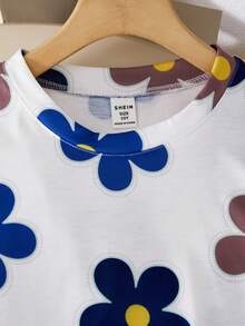 Sparklyn 2件套女童碎花印花T恤和高腰纹理阔腿裤套装 - 藏蓝色 - 查看 3