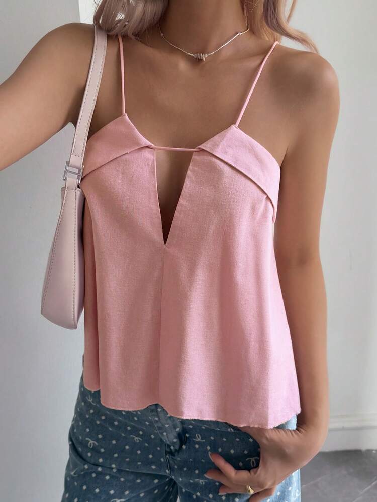Women's Pink Casual Vacation Style Hollow Out Babydoll Cami Top, Summer