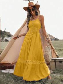 Breezaya 女士纯色简约蕾丝装饰吊带连衣裙长款度假沙滩装 - 黃色 - 查看 3