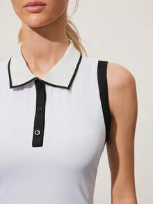 CourtClass Women's Contrast Color Polo Collar Sleeveless Cardigan Vest, Slim Fit, Sports & Casual Wear, Suitable For Tennis, Golf - White - View 7