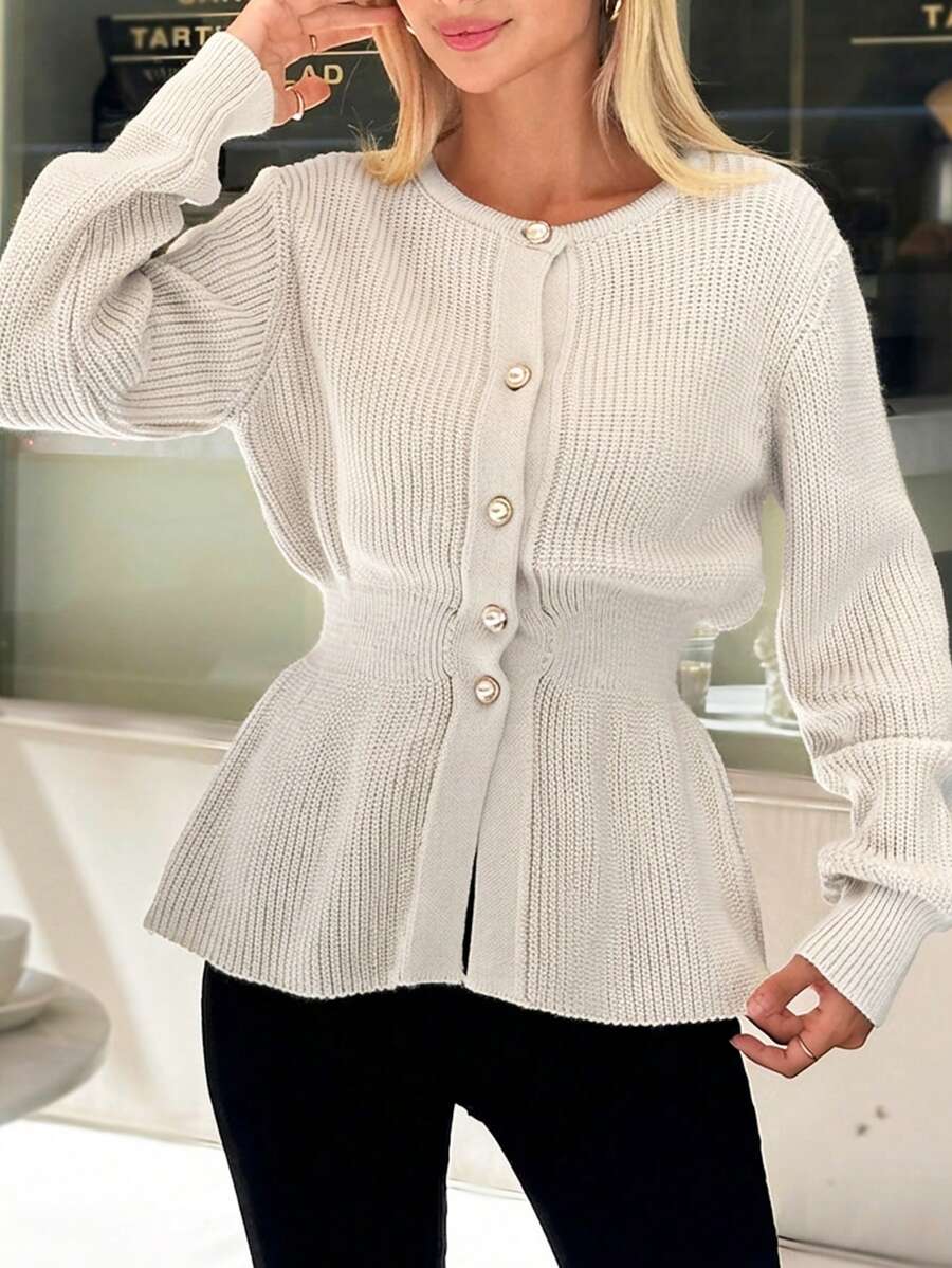 EURMUSE Women Solid Color Front Button Round Neck Cardigan - Apricot - View 1
