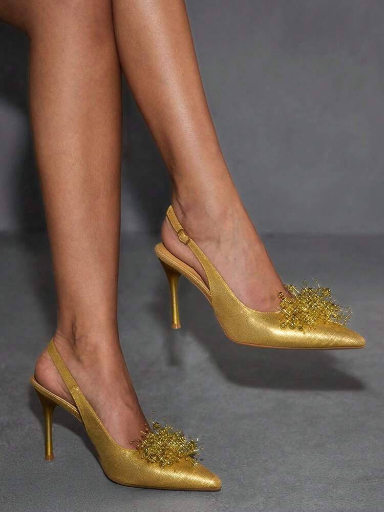CUCCOO SZL Women Shoes Pointed Thin Heel Gold Bead Three-Dimensional Decoration Fashion Sexy Party Banquet Night Club Women's High Heel Shoes Slingback Women's Shoes Valentine's Day