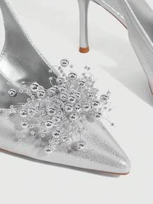 CUCCOO SZL 女士尖头细高跟鞋，银色，球形装饰，时尚性感，适合派对、宴会、夜总会等场合。 - 銀色 - 查看 6