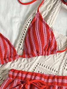 Swim Vcay 3pcs/Set Bohemian Style Crochet Fabric Drawstring Swimwear Cover Up Bikini Set - Rose Red - View 3