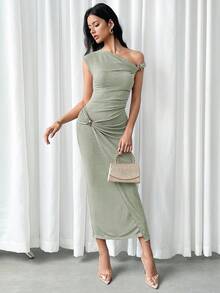 Modelyn 女士休闲优雅褶皱金属装饰连衣裙，夏季 - 綠色 - 查看 6