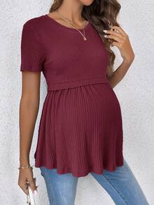 SHEIN Tricou elegant și romantic pentru maternitate, cu guler rotund și mânecă scurtă, model romantic, pentru petrecere, cu dezvăluirea sexului - Burgundia - Vizualizare 5
