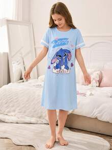 SHEIN Girls' Casual Long Dress, Round Neck Short Sleeve, Blue Rabbit Print & White Stripe, Knitted Fabric, Comfortable Sleepwear - Blue - View 4