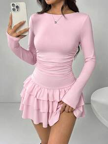 SHEIN EZwear 女士可爱浅粉色针织迷你连衣裙，休闲风格，长喇叭袖，圆领，层叠设计 - 淺粉色 - 查看 3