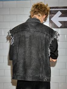 ROMWE MEN Grunge Punk 男士星月刺绣单排扣口袋毛边下摆休闲牛仔背心 - 藍色 - 查看 7