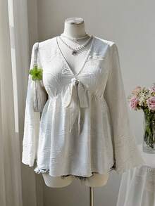 Sweetra 春冬新款V领系带露腰宽松优雅休闲连衣裙 - 杏色 - 查看 5