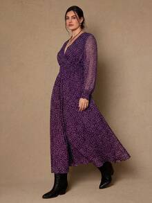 Freevana Plus Size All-Over Print V-Neck Elegant Long Sleeve Dress - Purple - View 6