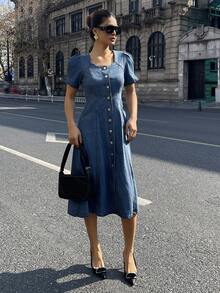 DAZY Slimming A-Line Square Neck Puff Sleeve Denim Dress For Women - Medium Wash - View 4