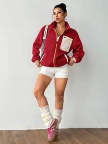 Exploreva Chaqueta deportiva casual con bolsillo con cremallera, cuello alto y contraste de color, para otoño/invierno - Rojo - Ver 2