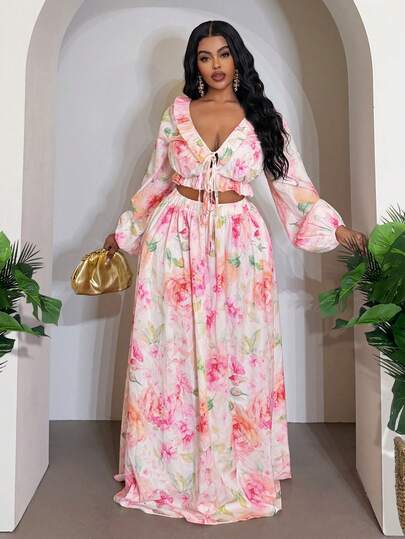 Veslaya Spring/Summer New Romantic Floral Print Cropped Top And Maxi Skirt Set, Suitable For Vacation, Beach, Party, Date, Plus Size