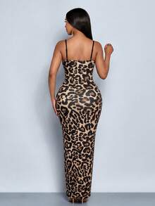 SOLERSUN 春夏女装：优雅休闲风，黑棕渐变豹纹印花，针织弹力面料，深V领，无袖，细肩带，臀部荷叶边，前开衩，长款连衣裙 - 棕色 - 查看 2