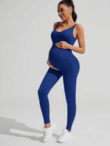 SHEIN Solid Color Sleeveless Maternity Jumpsuit, Maternity Jumpsuit, Maternity Wear,Word Cup - Navy Blue - View 7