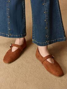 MOTF PREMIUM WOMEN'S COMMUTING CASUAL COMFORTABLE VERSATILE MARY JANE SQUARE TOE FLAT SHOES VALENTINE'S DAY - Tan - View 7