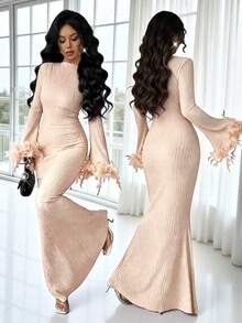 Rafferiza Women's Elegant Beige Autumn Knitted Dress,Tight-Fitting Waist-Cinching A-Line Long Sleeve Dress With Ostrich Decorated Sleeves For Anniversary,Party - Apricot - View 1