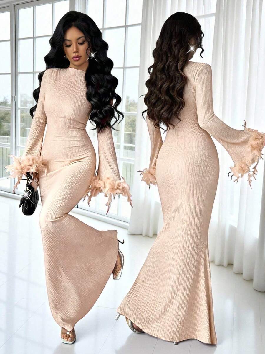 Rafferiza Women's Elegant Beige Autumn Knitted Dress,Tight-Fitting Waist-Cinching A-Line Long Sleeve Dress With Ostrich Decorated Sleeves For Anniversary,Party - Apricot - View 1