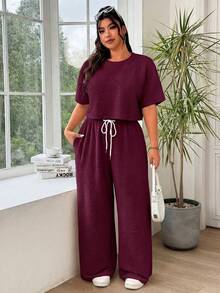 Solflare Women's Plus Size Solid Color Round Neck Short Sleeve Top And Drawstring Waist Wide Leg Pants Casual 2 Piece Set, Summer Outfits - Rusty Rose - View 3