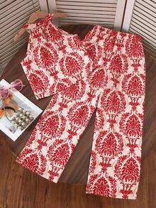 Sparklyn Girls' Beach Vacation Basic Halter Shirt + Loose 3/4 Pants Woven Floral 2 Pieces Set - Red - View 2