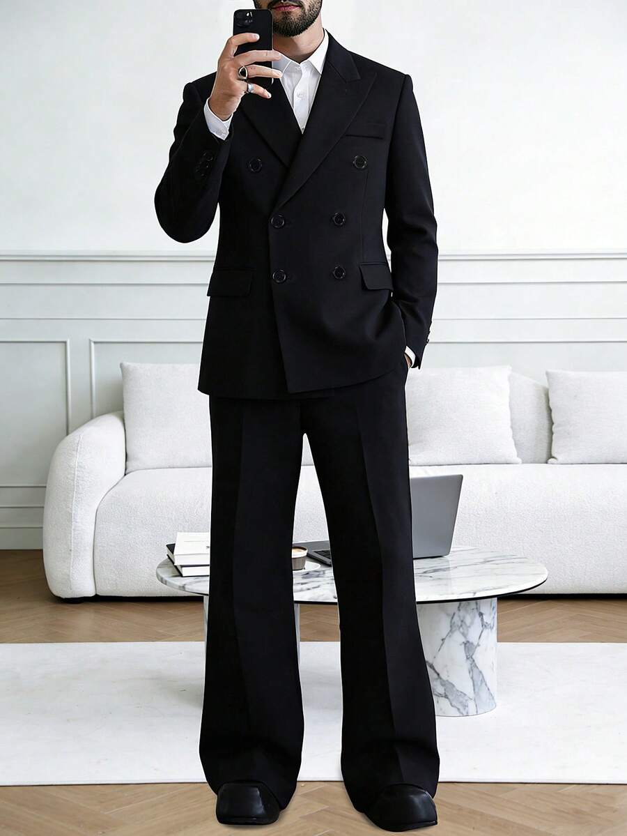 HUEFORM Men's Black Woven Twill Business Formal Suit Men Double Breasted Suit Men S Office Clothes Man Suit Men Suits Black Formal Wear Old Money,Daily Leisure, Weekend Trips, Outdoor Activities, Travel Expeditions, Relaxed Work Environments Or Semi-Formal Occasions, Boyfriend/Husband Gift, Anniversary /Birthday Gift Party Summer Vacation Holiday, Wedding,Spring To Summer Men Suits With Bell Bottoms - Black - View 1