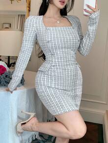 DAZY Women's Square Neck Long Sleeve Short Fitted Waist Elegant Mini Dress Sundress - Black and White - View 6
