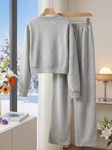 Airaco Conjunto de sudadera con cuello en V profundo cómodo y casual de moda para mujer - Gris - Ver 2