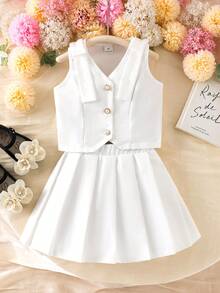 Elladie kids 2件套幼儿及少女白色无袖上衣和配套半裙套装，无袖上衣饰有纽扣，尽显精致优雅；百褶裙则展现动感时尚，适合春夏休闲、居家、玩耍、派对等场合穿着。 - 白色 - 查看 6